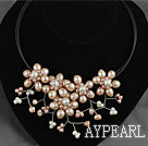 Natural Pink Freshwater Pearl Flower Necklace with Leather Cord