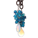 New Long Style Assorted Blue Agate Beads Necklace with Drop Shape Opal and Leather Chain