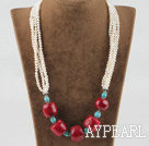 21.7 inches fashion style white pearl turquoise and red coral necklace