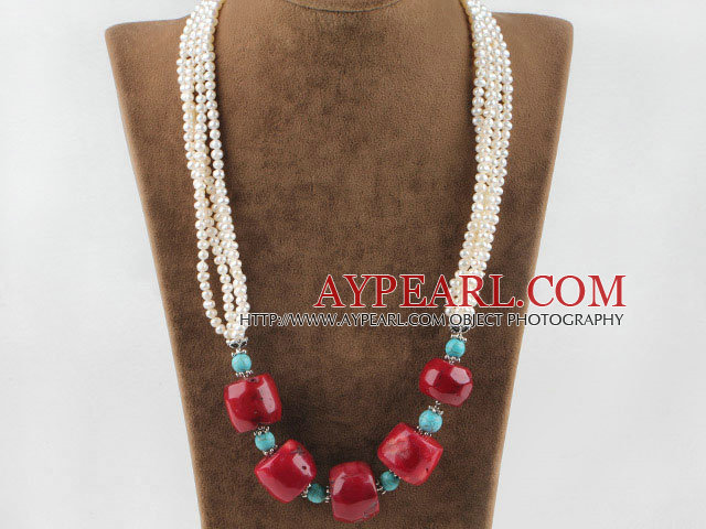 21.7 inches fashion style white pearl turquoise and red coral necklace