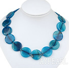 Beautiful 25Mm Flat Round Blue Agate Beaded Strand Necklace With Toggle Clasp