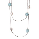 Wholesale Elegant Long Style Round White Seashell and Aquamarine Beads Necklace