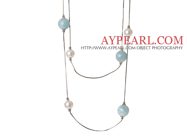 Elegant Long Style Round White Seashell and Aquamarine Beads Necklace