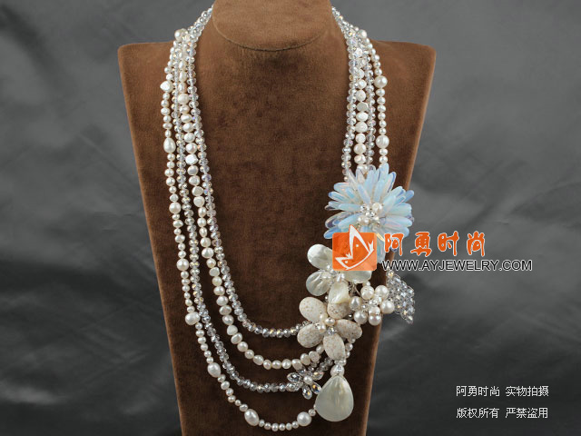 White Series Big Style Multi Strands White Pearl Crystal and Howlite and Shell Flower Party Necklace