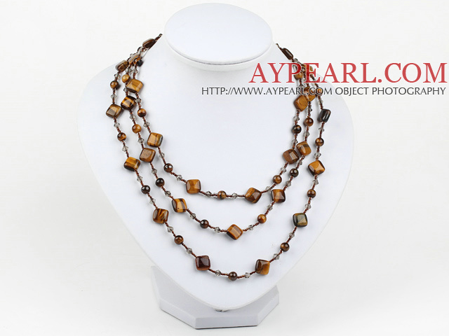 fashion long style jewelry  crystal and tiger eye stone necklace