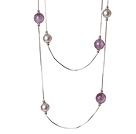 Elegant Long Style Round Grey Seashell and Faceted Amethyst Beads Necklace