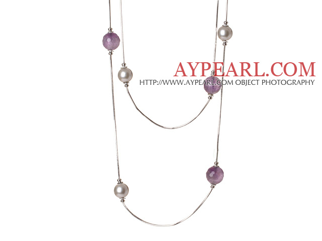 Elegant Long Style Round Grey Seashell and Faceted Amethyst Beads Necklace
