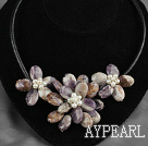 White Freshwater Pearl and Amethyst Flower Necklace with Leather Cord