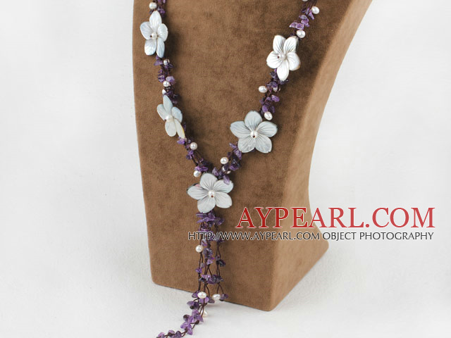 Y Shape Amethyst and White Pearl Shell Flower Necklace