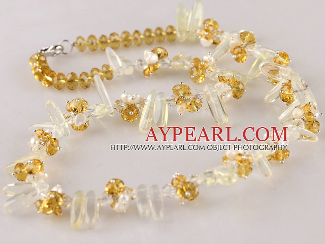 white pearl and lemon crystal necklace with lobster clasp