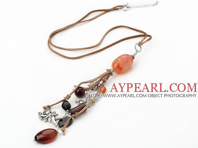 Nice Multi Red Agate Necklace And Flower Angel Charm Pendant Necklace With Brown Cords