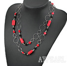 fashion long style coral and agate necklace with big metal loops