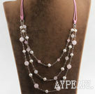 Wholesale beautiful three strand white pearl and rose quartze necklace
