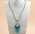 Wholesale Simple Retro Style Chandelier Shape Sky Blue Crystal Tassel Pendant Necklace With Black Leather