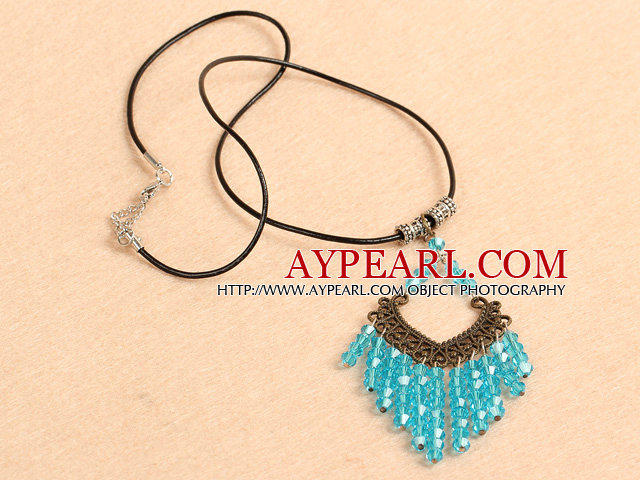 Simple Retro Style Chandelier Shape Sky Blue Crystal Tassel Pendant Necklace With Black Leather