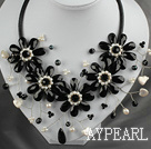 Wholesale White Freshwater Pearl and Black Crystal Flower Necklace with Leather Cord