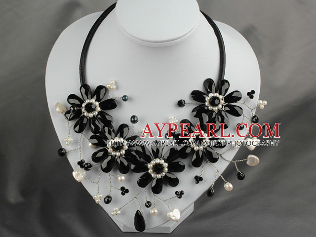 White Freshwater Pearl and Black Crystal Flower Necklace with Leather Cord
