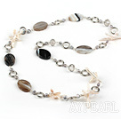 long style cross pearl and line agate necklace