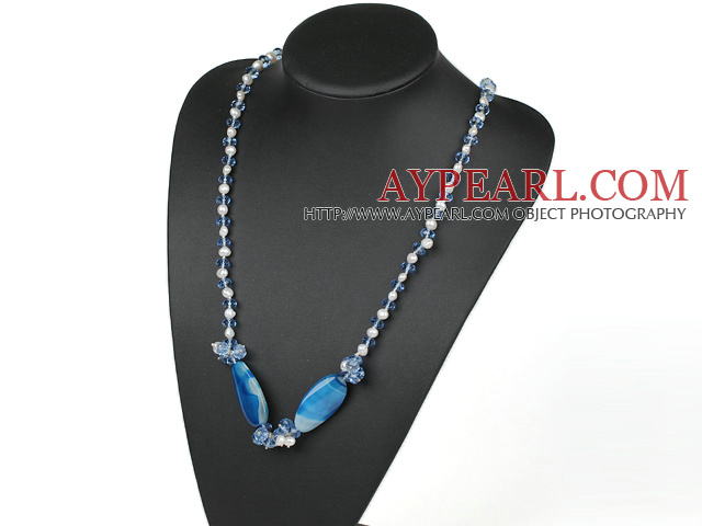 31.5 inches white pearl and blue agate crystal necklace