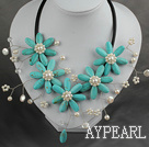 Wholesale White Freshwater Pearl and Turquoise Flower Necklace with Leather Cord