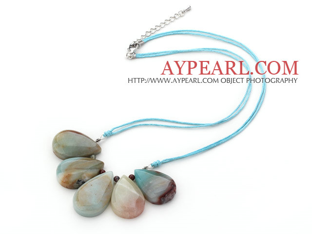 Simple Style Fan Shape Big Drop Amazon Stone Necklace with Blue Thread