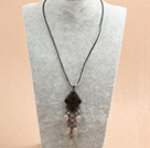 Wholesale Simple Retro Style Chandelier Shape Gray Agate Clear Crystal Tassel Pendant Necklace With Black Leather