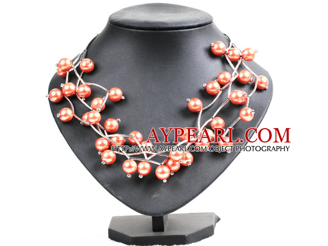 Trendy Style Multi Strand Orange Seashell Beads Twisted Necklace With Bending Alloyed Tube