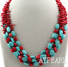 Multi Strands Assorted Branch Shape Red Coral and Oval Shape Turquoise Necklace