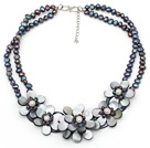 Elegant Style Black Freshwater Pearl and Black Shell Flower Necklace