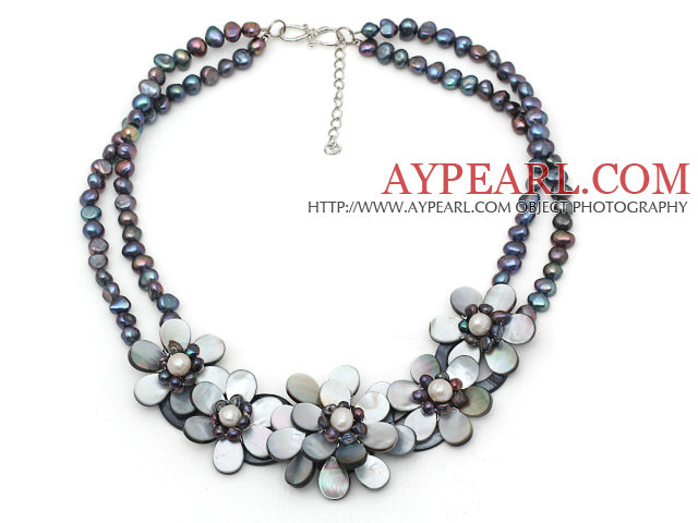 Elegant Style Black Freshwater Pearl and Black Shell Flower Necklace