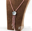 Assorted Round White Pearl and Red Coral Y Shape Tassel Necklace