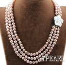 Three Strands 8-9mm Round Natural Purple Freshwater Pearl Necklace with White Shell Flower Clasp