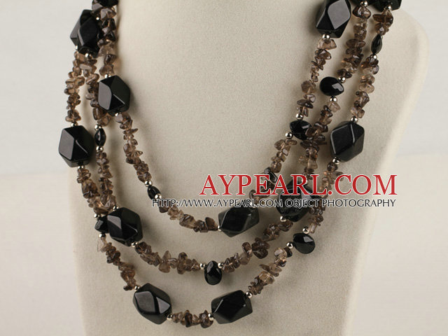 three strand black gemstone and smoky quartze necklace with magnetic clasp