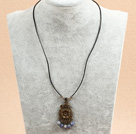 Wholesale Simple Retro Style Round Blue Spot Stone Beads Pendant Necklace With Black Leather