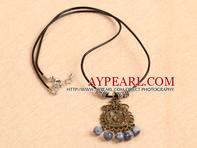 Simple Retro Style Round Blue Spot Stone Beads Pendant Necklace With Black Leather