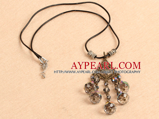 Simple Retro Style Chandelier Shape Colorful Crystal Tassel Pendant Necklace With Black Leather