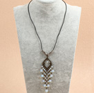 Wholesale Simple Retro Style Chandelier Shape Round Opal Beads Tassel Pendant Necklace With Black Leather