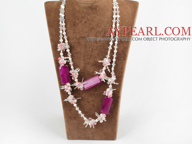 51.2 inches long style sparkly white pearl crystal and pink agate necklace