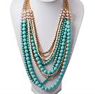 Multi Layer Fashion Style Turquoise and White Pearl Necklace with Metal Chain