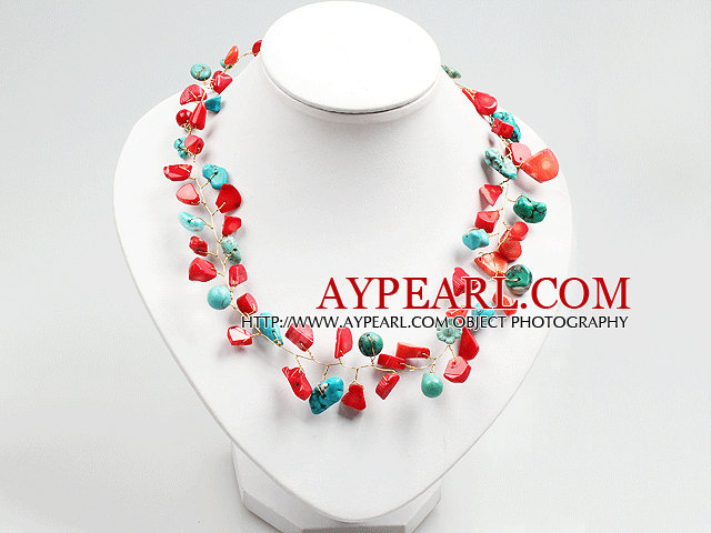 Red Coral and Turquoise Beads Crochet Wire Necklace