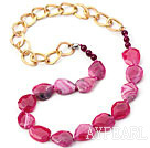 Pink Red Color Burst Pattern Crystallized Agate Knotted Necklace with Golden Color Metal Chain ( The Chain Can Be Deducted )