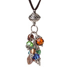 Summer Design Simple Style Button Pearl and Faceted Crystal Pendant Necklace with Brown Leather and Extandable Chain