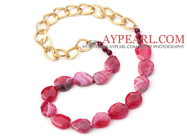 Pink Red Color Burst Pattern Crystallized Agate Knotted Necklace with Golden Color Metal Chain ( The Chain Can Be Deducted )