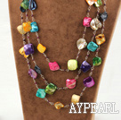 3 strand garnet and multi color shell necklace with slide clasp