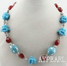 Fashion Red Carnelian And Blue Buddhu Head Stone Necklace With Lobster Clasp
