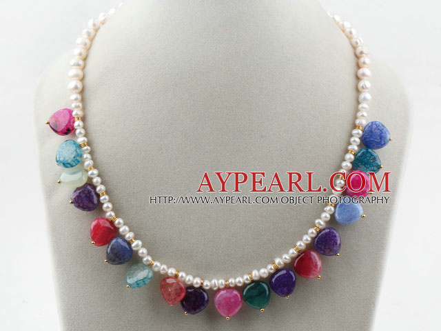 Assorted White Freshwater Pearl and Heart Shape Multi Color Agate Necklace