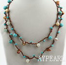 Wholesale Green Series Long Style Turquoise and Amazon Stone Necklace with Brown Cord