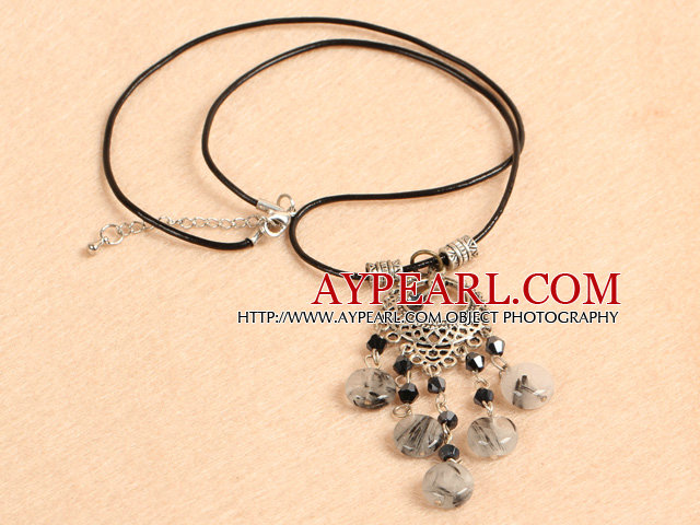 Simple Retro Style Flat Round Black Rutilated Quartz Tassel Pendant Necklace With Black Leather
