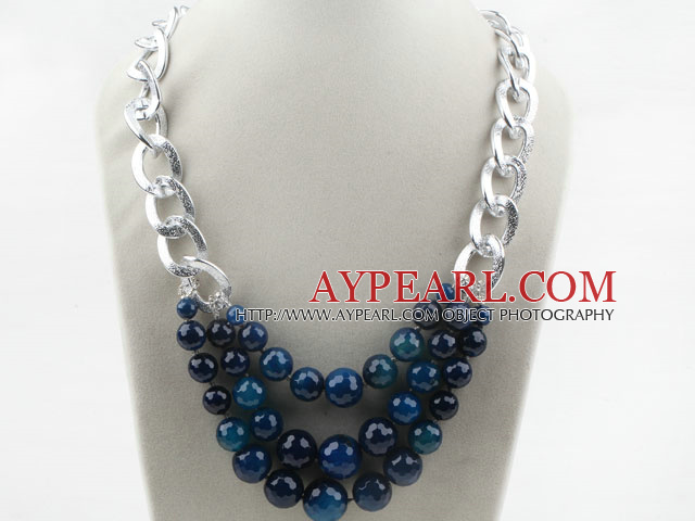 Three Layer Faceted Blue Agate Necklace with Metal Loop Chain