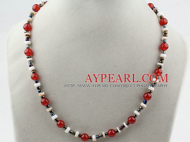 White Shell and Red Carnelian Necklace with Adjustable Chain
